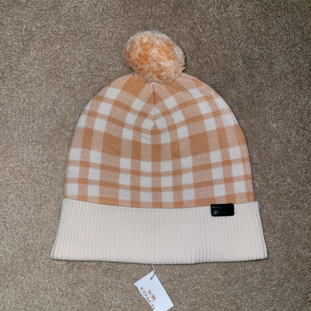 Coach Plaid Beanie with Pom Pom